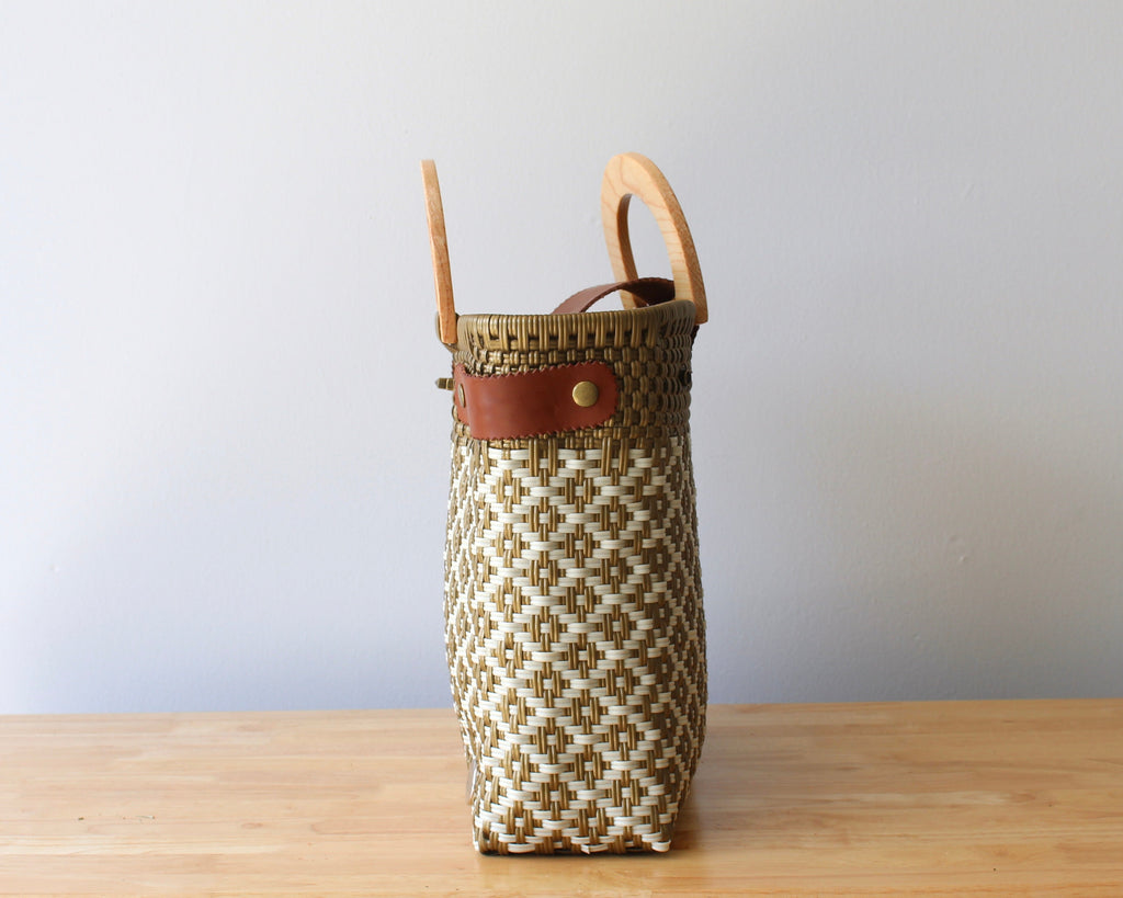 Beige & Gold Handwoven Tote with Wood Handle
