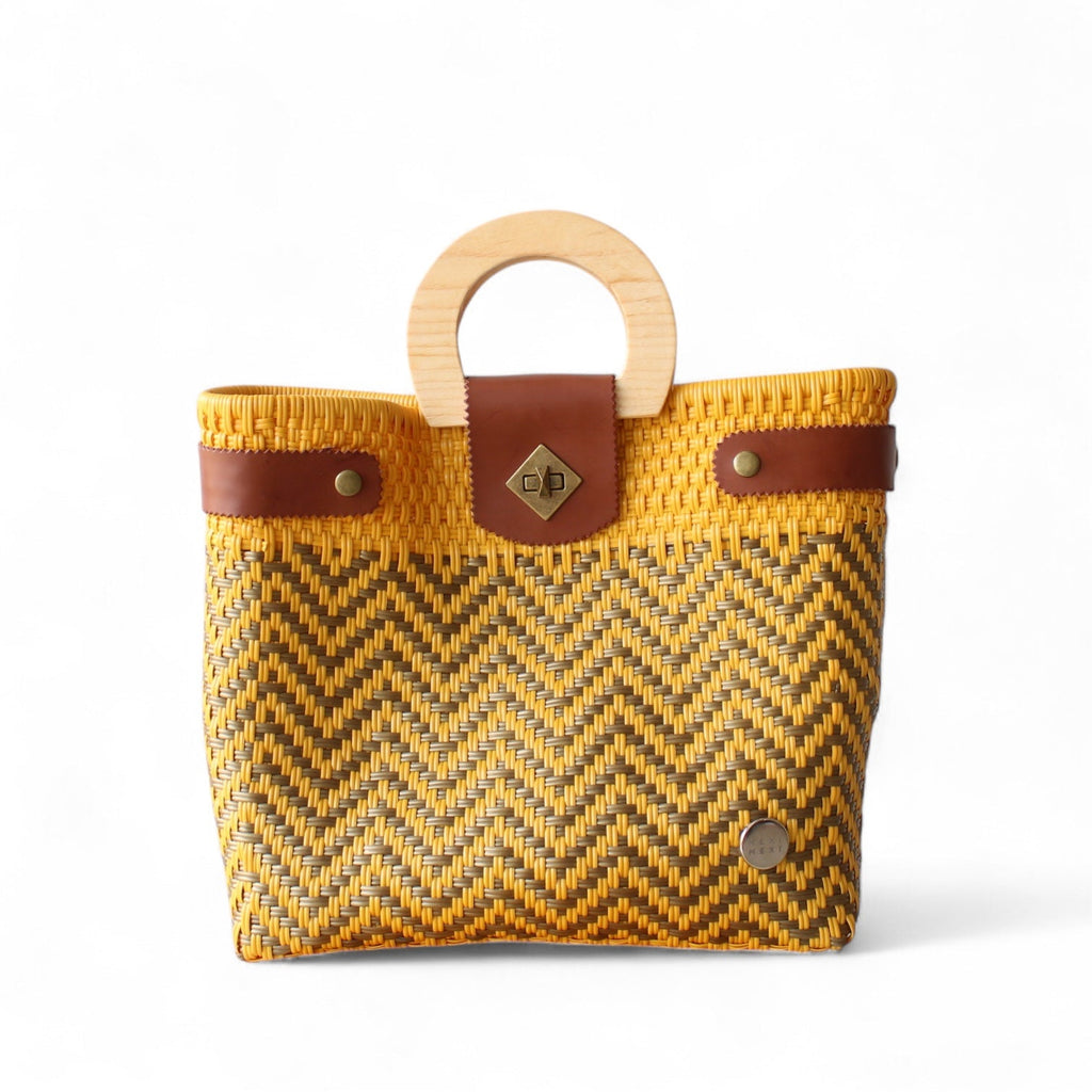Yellow & Gold Chevron Mexican Tote Wood Handles