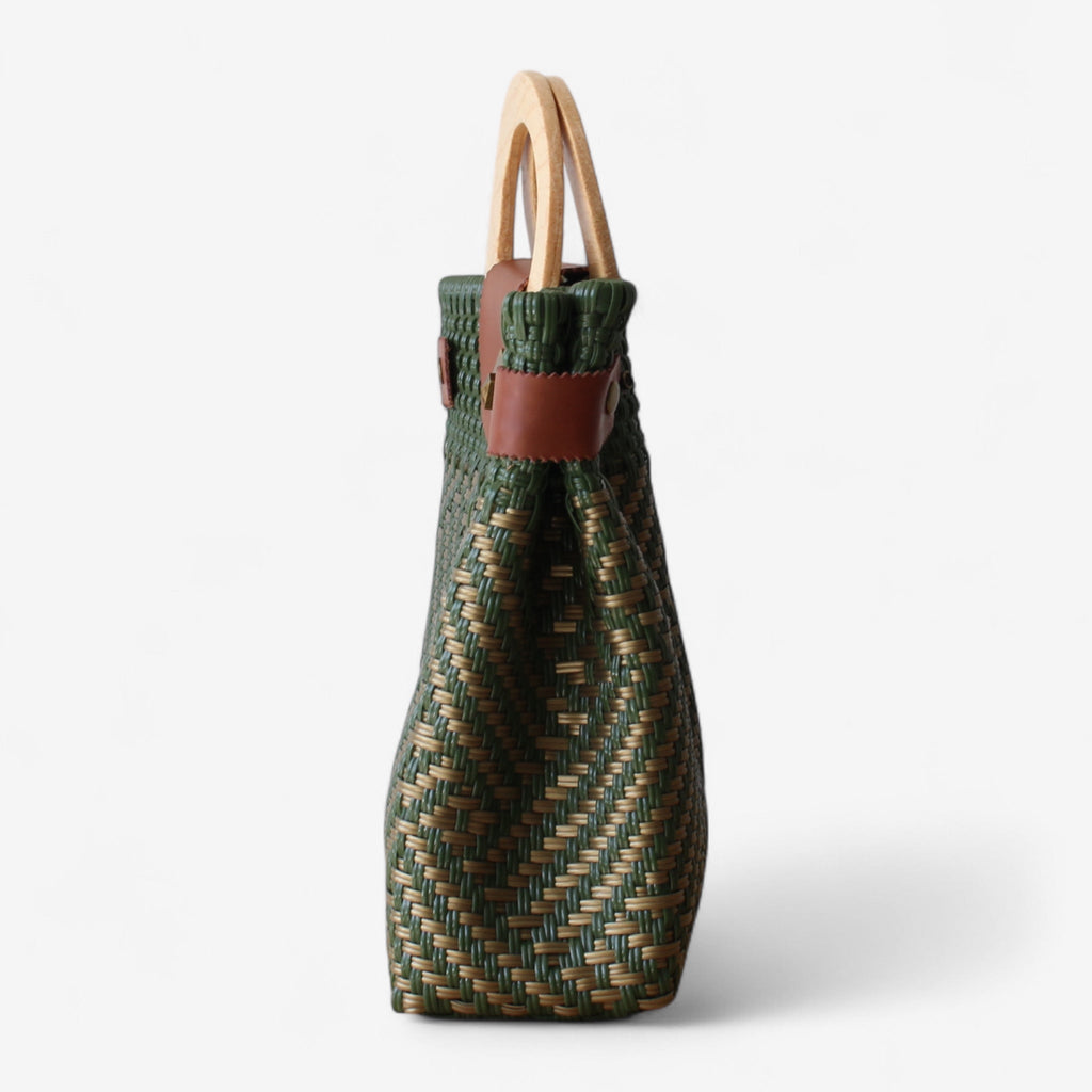 Olive Green & Gold Handmade Tote Bag with Wooden Handle