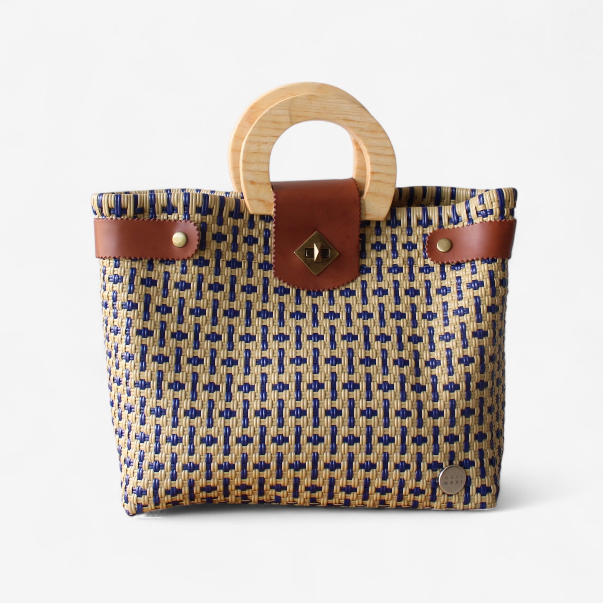 Mocha & Blue Tote Wood Handles
